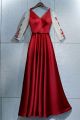 Elegant V Neck Long Sleeve Corset Beaded Appliques Red A Line Prom Evening Dress With Bow