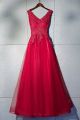 Elegant V Neck Corset Red Tulle Beaded A Line Prom Evening Dress With Appliques