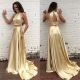 Sexy Two Piece A Line Halter Open Back Gold Silk Beaded Prom Party Dress 