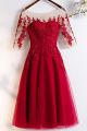 Bateau Neckline Half Sleeve Red Tulle Beaded A Line Tea Length Prom Evening Dress With Appliques