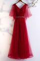 Stunning V Neck Corset Ruffled Sleeve Red Tulle Prom Evening Dress With Crystal Belt