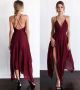 Fashion A Line V Neck Cross Straps Burgundy Chiffon Tea Length Prom Evening Dress