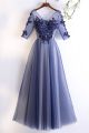 Stunning V Neck Half Sleeve Corset Crystal Beaded Appliuqes Navy Blue Tulle Prom Evening Dress 