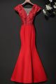 Stunning V Neck Cap Sleeve Sheer Back Crystal Beaded Red Lace Mermaid Prom Evening Dress 