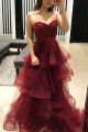 Stunning A Line Sweetheart Open Back Tiered Burgundy Tulle Prom Evening Dress