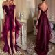 Sexy High Low Off The Shoulder Low Back Tiered Burgundy Organza Prom Evening Dress With Lace