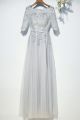 Special Bateau Neckline Half Sleeve Grey Tulle A Line Prom Evening Dress With Appliues