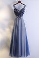 Stunning V Neck Corset Beaded A Line Dark Blue Tulle Prom Evening Dress With Appliques