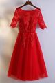 Modest Bateau Neckline Corset Half Sleeve Beaded Red Tulle Evening Dress With Appliques