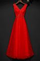 Elegant V Neck Corset Beaded Red Lace A Line Prom Evening Dress With Appliques