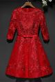 Modest Scoop Long Sleeve Red Lace Short A Line Prom Evening Dress With Bow