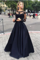 Elegant Two Pieces A Line Long Sleeves Black Prom Evening Dresses With Lace