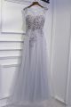 Gorgeous Scoop Corset Beaded Grey Tulle Prom Party Dress With Appliques Flowers