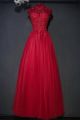 Modest High Neck Cap Sleeve Crystal Beaded Red Prom Party Dress With Appliques