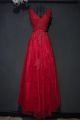 Modest V Neck Corset Crystal Beaded Red Lace Prom Party Dress With Appliques