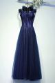 Beautiful Strapless Corset Crystal Beaded Navy Blue Tulle Prom Evening Dress With Bow