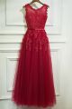 Charming Pearl Beaded Red Tulle Lace Long Prom Evening Dress