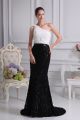 Charming Mermaid One Shoulder White Flowers Sequined Black Satin Two Tone Prom Evening Dress