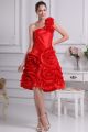 Beautiful Short A Line One Shoulder Beaded Flowers Red Prom Evening Dress 