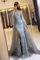 Romantic Beaded Mermaid Prom Evening Dress Off The Shoulder 3 4 Sleeves Side Slit Grey Lace