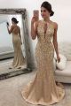 Gorgeous Champagne Mermaid Prom Evening Dress Halter Open Front Cross Straps With Crystals