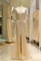 Gorgeous Long Colum Champagne Beaded Prom Party Dress With High Neck Open Back