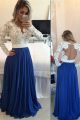 Two Tone Prom Evening Dress Long Sleeves Sheer Back Pearl Beaded White Lace Bodice Royal Blue Skirt