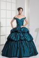 Ball Gown Off The Shoulder Corset Crystal Beaded Appliques Pick Up Teal Taffeta Prom Evening Dress