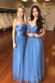 Elegant A Line Prom Bridesmaid Dress Sleeveless Ruched Blue Tulle