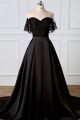 Elegant Black A Line Prom Evening Dress Sweetheart Off The Shoulder Ruffle Lace Sleeves