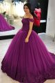 Princess Ball Gown Prom Quinceanera Dresses Off The Shoulder Beading Purple Lace Tulle