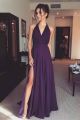 Beautiful Long A Line Prom Evening Dress Halter Side Slit Ruched Purple Chiffon