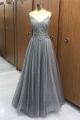 Sparkly Bead A Line Prom Evening Dress V Neck Spaghetti Straps Grey Tulle Lace