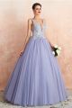 Ball Gown Beaded Lavender Prom Evening Dress Plunging Neckline With Lace Appliques