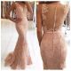 Stunning Beaded Mermaid Prom Evening Dress Pink Lace V Neck Sheer Back With Buttons