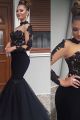 Special Mermaid Prom Party Dress High Neck Long Sleeves Black Lace Tulle With Crystals