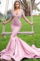 Elegant Long Mermaid Prom Evening Dress V Neck Lace Sleeves