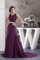 Modest A Line Scoop Cap Sleeve Beaded White Appliques Purple Chiffon Prom Evening Dress