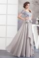 A Line Square Neckline Short Sleeve Beaded Lace Layered Grey Chiffon Prom Evening Dress 