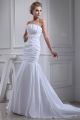 Elegant Mermaid Strapless Beaded Appliques Ruched White Taffeta Wedding Dress Bridal Gown 