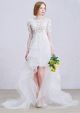 Boho Short Sleeve Corset Beaded Lace Layered Organza High Low Wedding Dress With Flowers