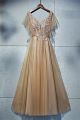 Romantic V Neck Corset Ruffled Sleeve Champagne Tulle Beaded A Line Prom Evening Dress 