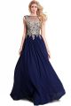 A Line Bateau Long Navy Blue Chiffon Gold Lace Applique Prom Dress