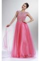 A Line Bateau Neckline Cap Sleeve Long Watermelon Tulle Beaded Prom Dress