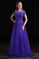 A Line Bateau Neckline Long Purple Tulle Beaded Prom Dress With Sleeves