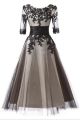 A Line Bateau Neckline Tea Length Black Tulle Lace Prom Dress With Sleeves