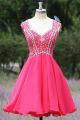 A Line Empire Waist Open Back Short Hot Pink Chiffon Beaded Prom Dress