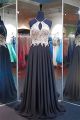 A Line Front Cut Out V Back Black Chiffon Gold Lace Prom Dress