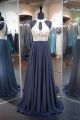 A Line Halter Cut Out Long Navy Blue Chiffon Beaded Prom Dress