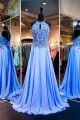 A Line Halter Front Keyhole Low Back Light Blue Chiffon Beaded Prom Dress